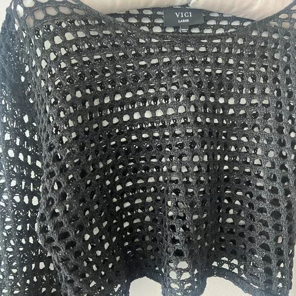 Vici Black Crochet Cropped Sweater Beach Cover Up - Picture 4 of 7